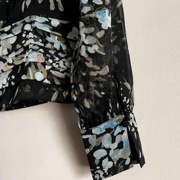 WHBM Floral Metallic Sheer Print Blouse Sz 2 Balloon Sleeve V Lined Black/Blue - Picture 5 of 16